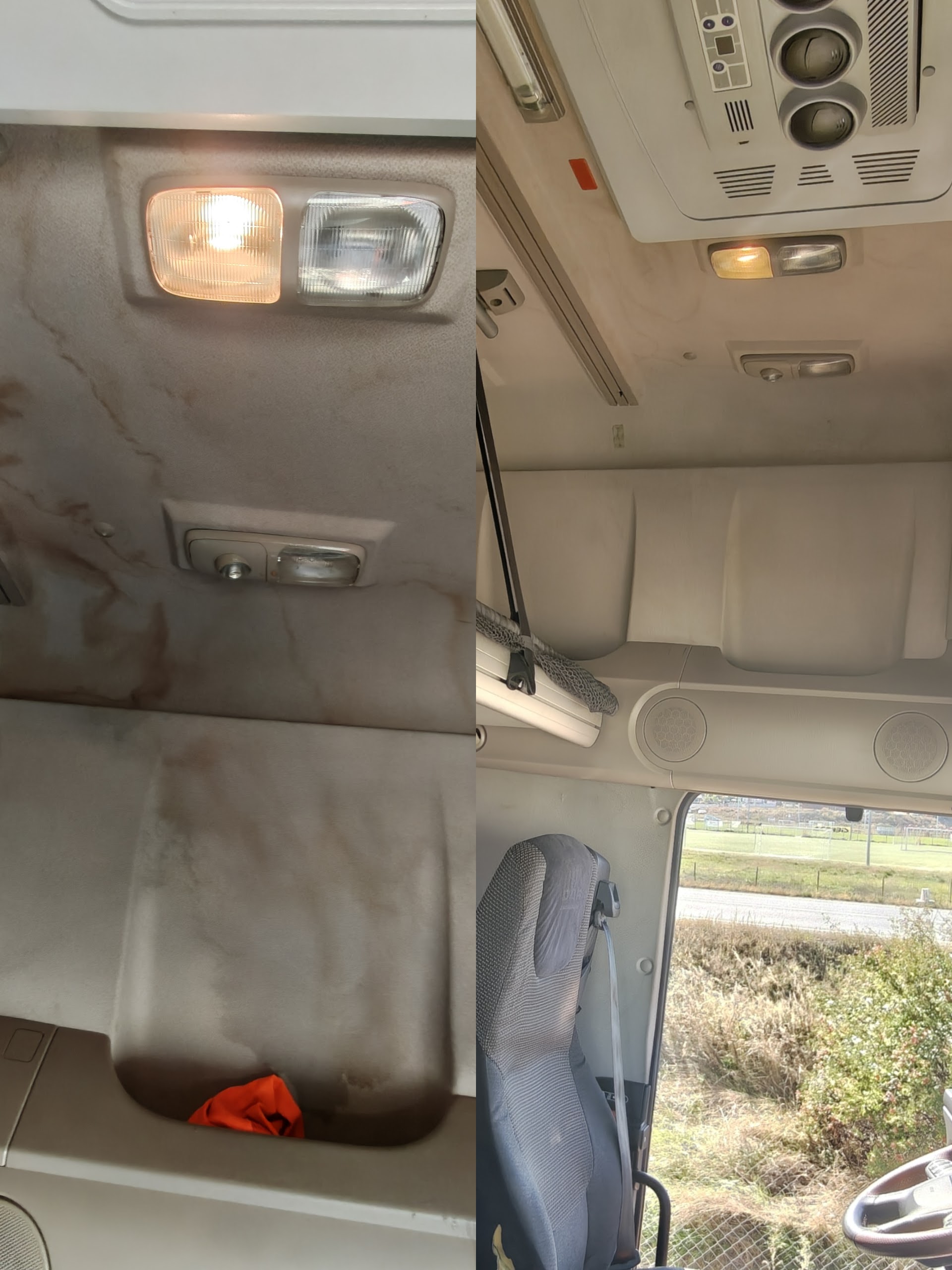 Plafon de cabină TIR înainte și după curățare, fotografie reală ZenvClean